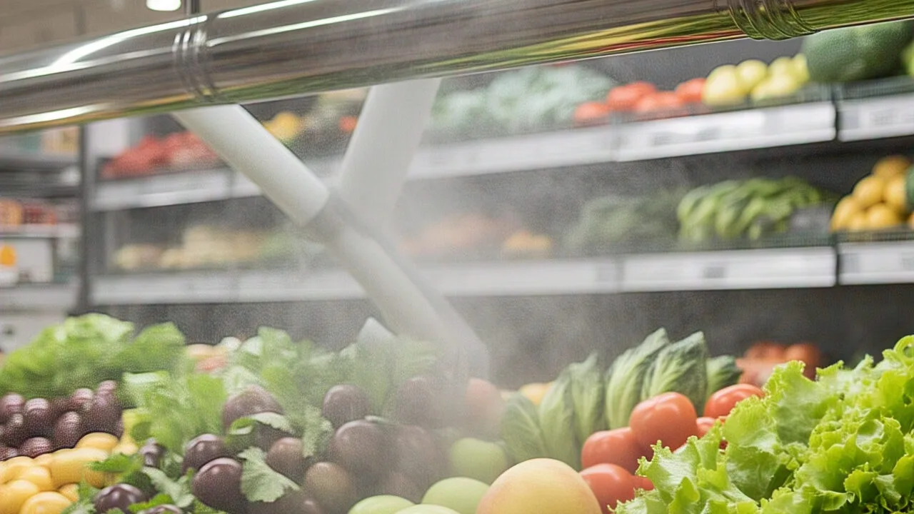 Névoa do umidificador caindo sobre frutas e verduras
